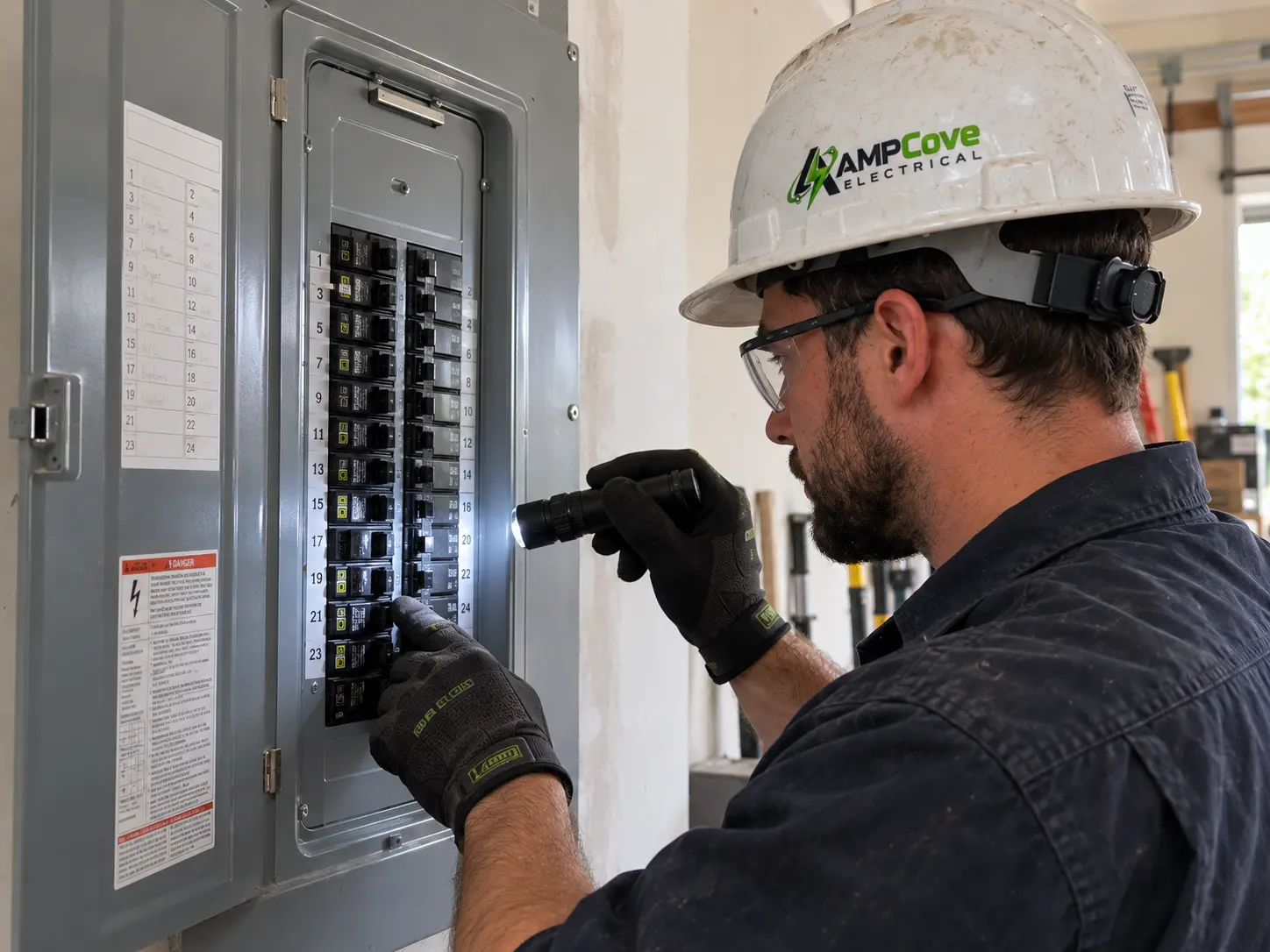 Person examining breakers in an open electrical distribution panel