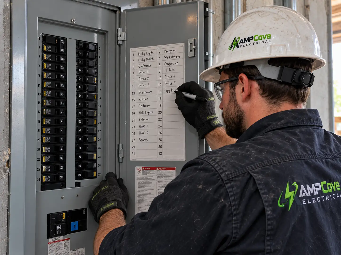 Electrician reviewing circuit labels inside an electrical panel