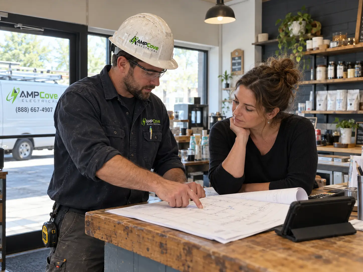 Electrician discussing an electrical plan with a business owner