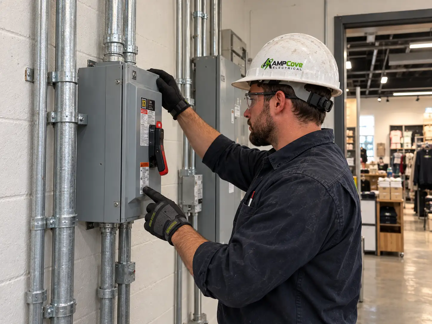 Electrician working on electrical equipment in a business interior