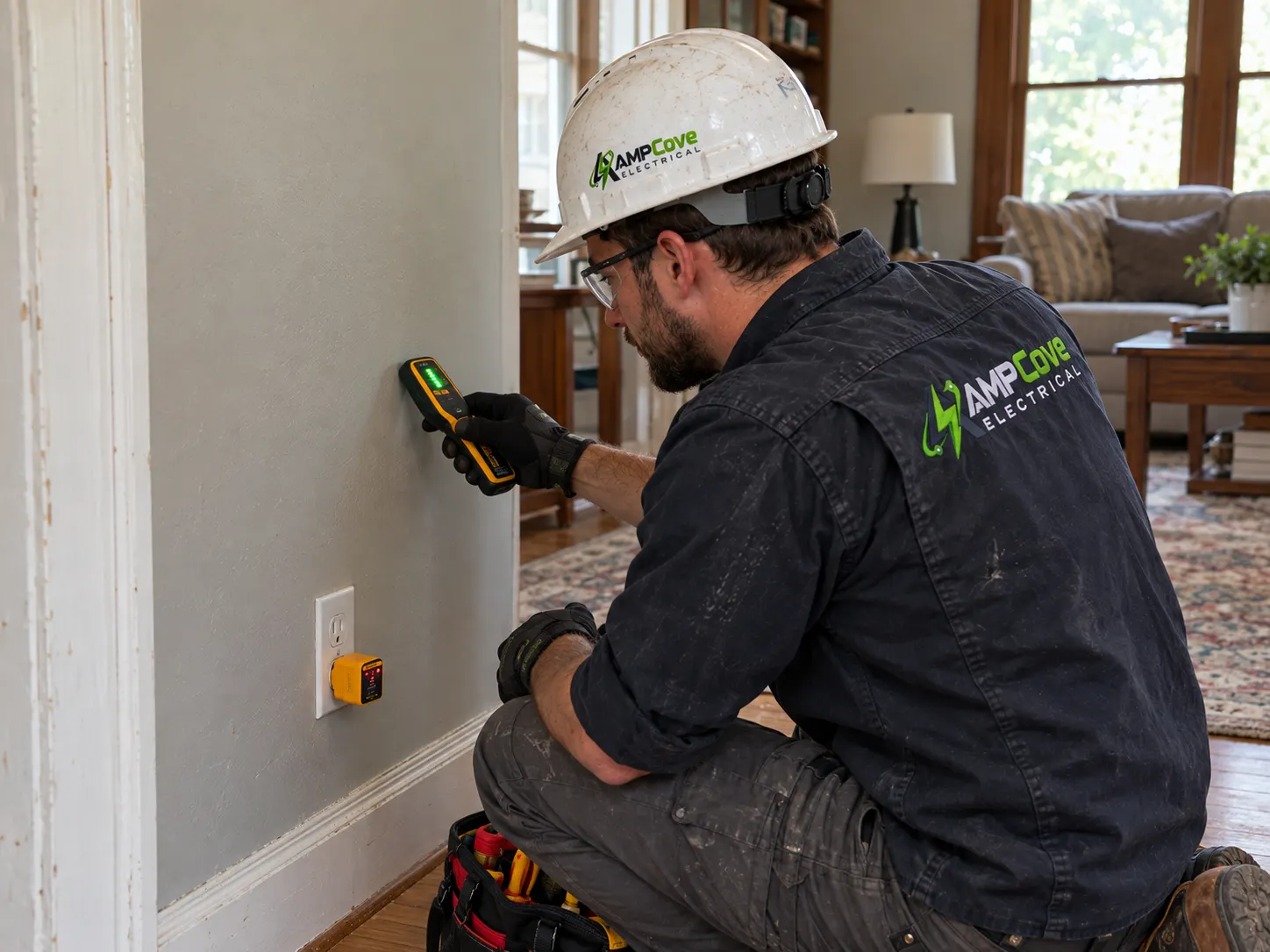 Electrician examining wall wiring using electrical testing equipment