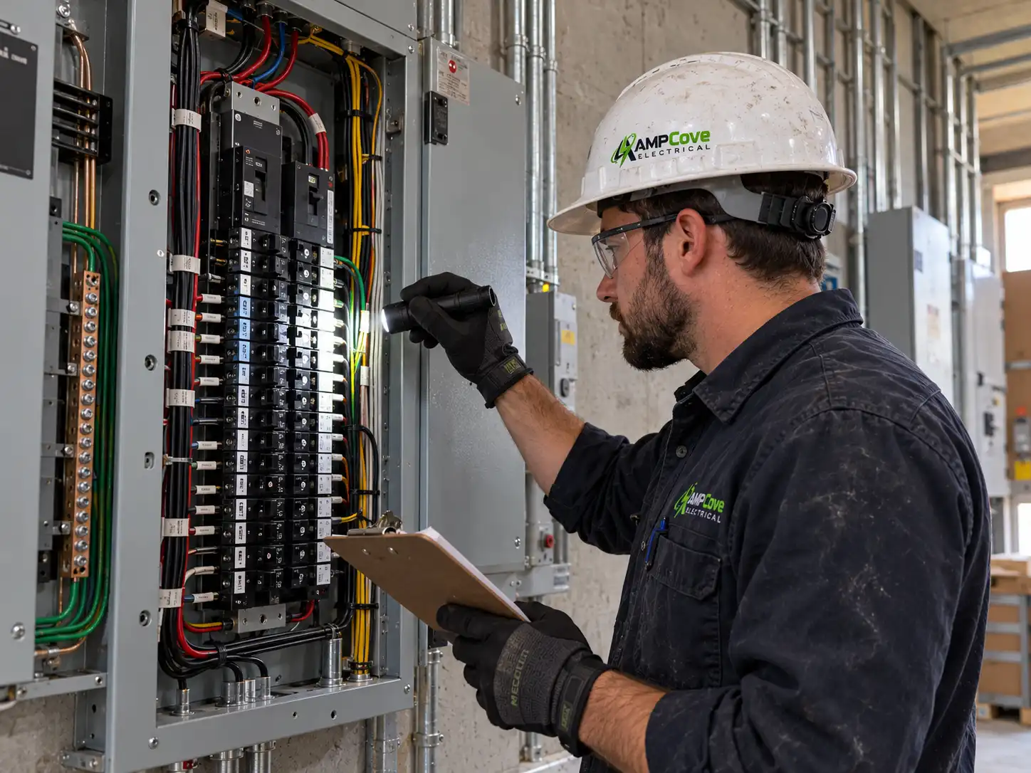 Technician inspecting an electrical system as part of a safety assessment