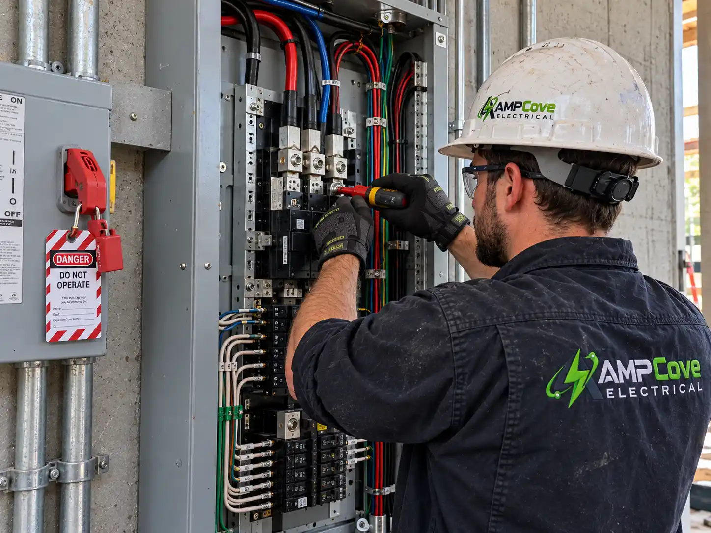 Worker checking wiring in an electrical panel