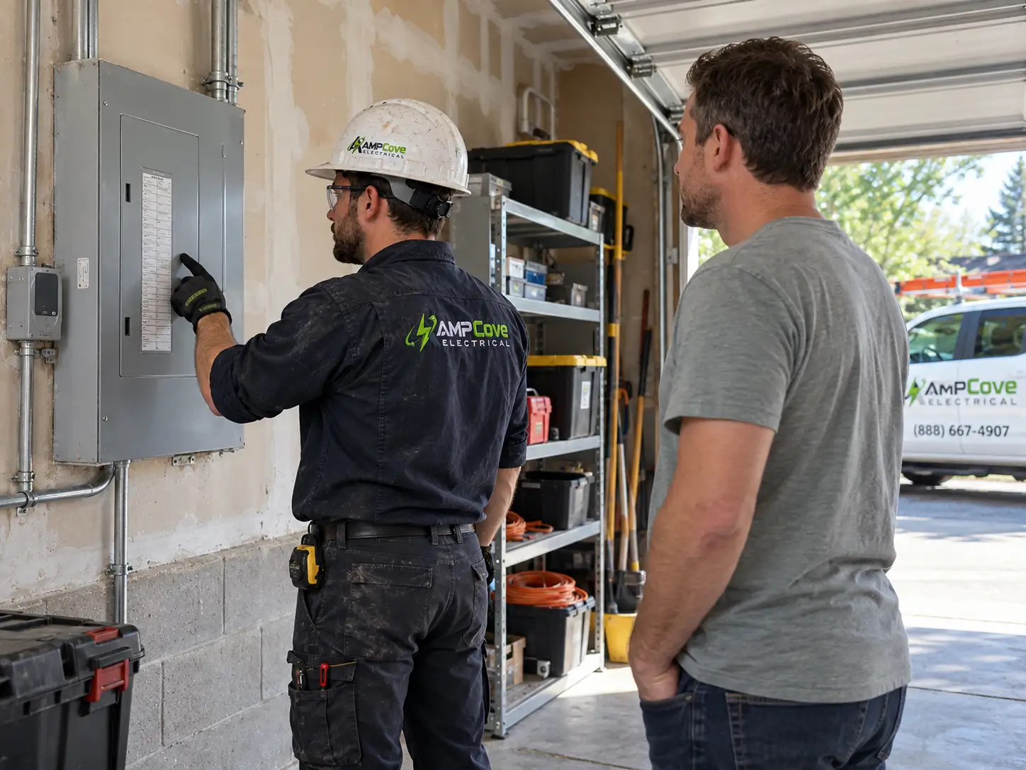Technician reviewing an electrical panel with a homeowner during a general electrical inspection