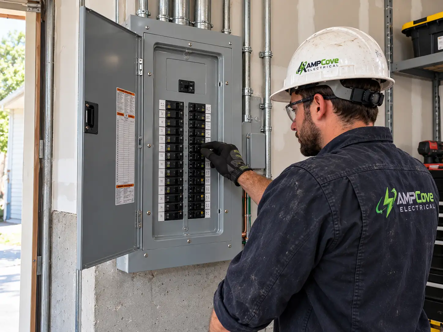 Person assessing circuit breakers in an electrical panel
