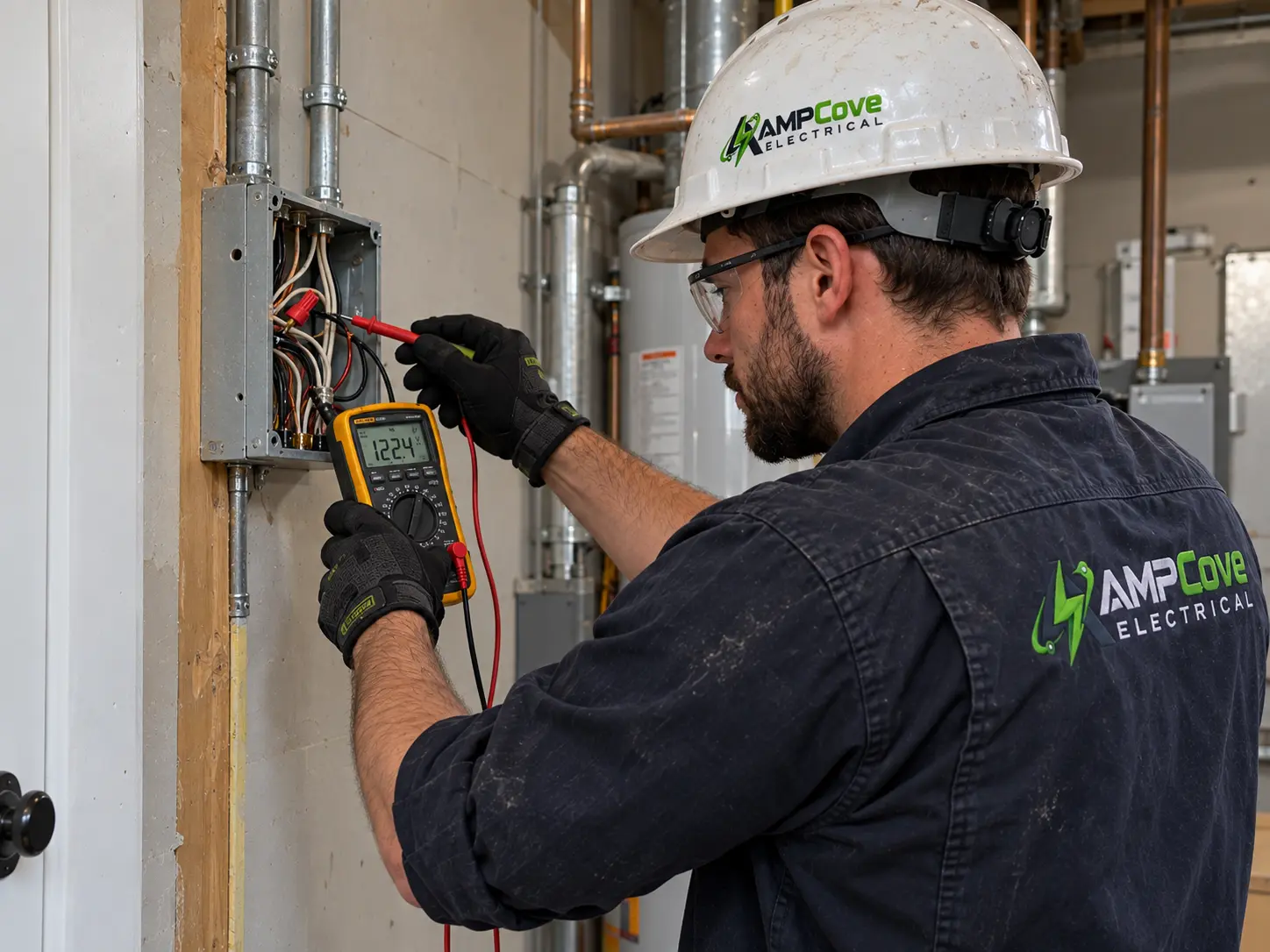 Electrician using test equipment at an open electrical panel