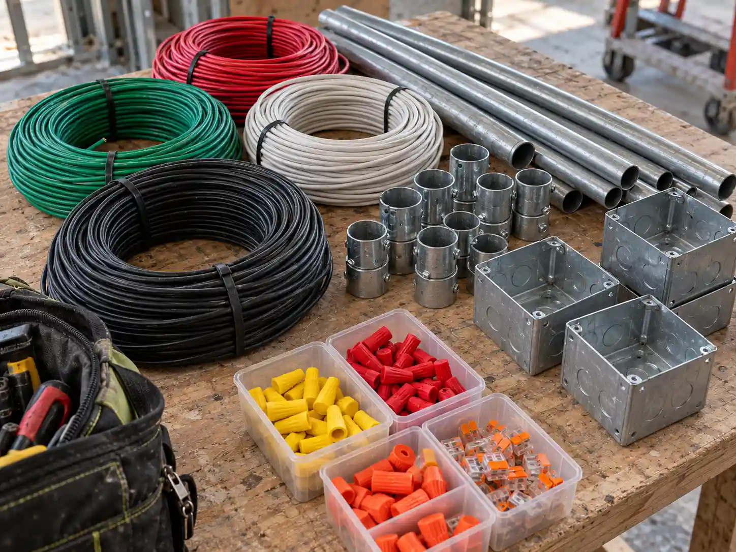 Coiled electrical wire and connectors on a work surface