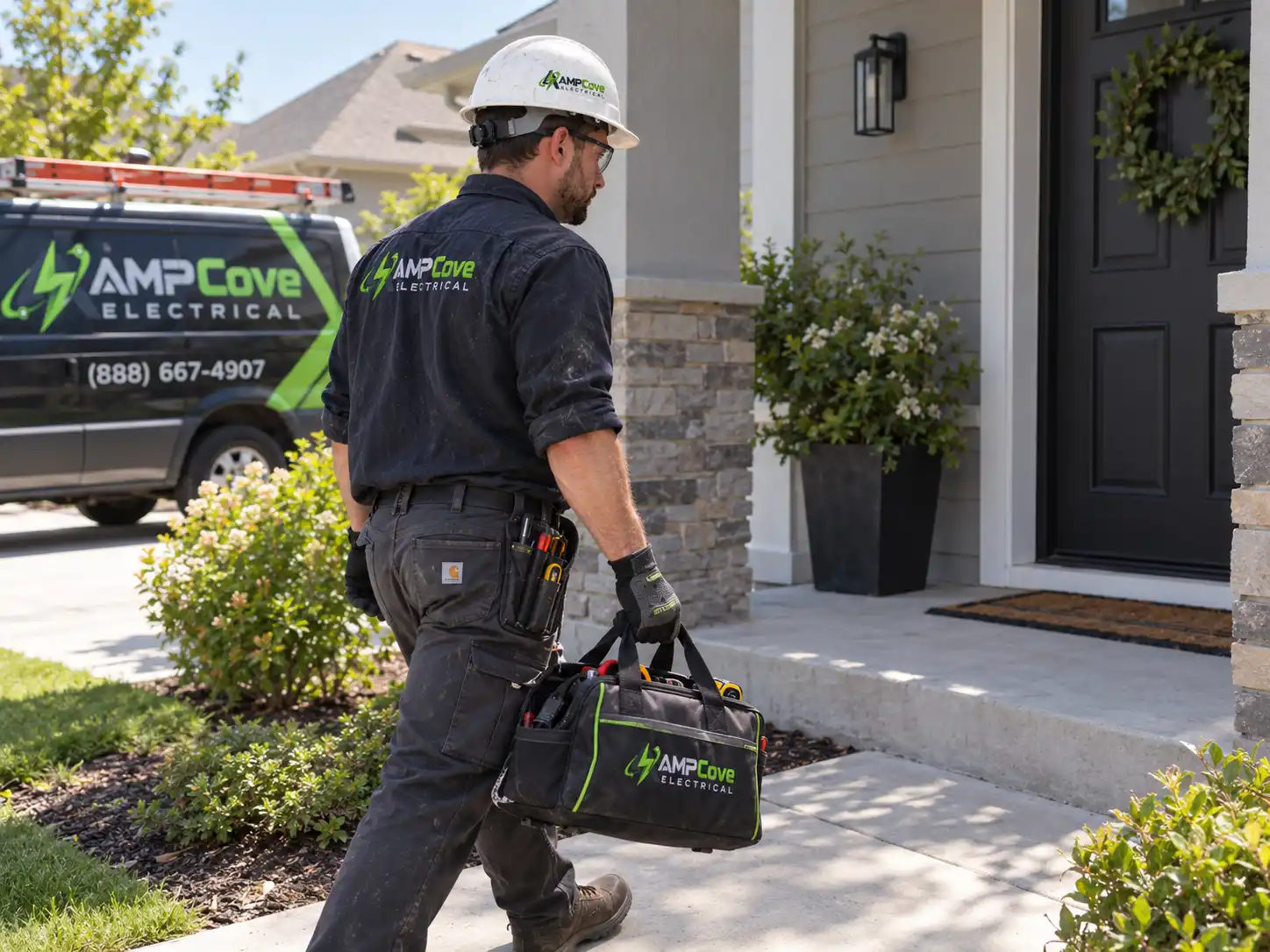 Electrician carrying tools toward a residential entrance