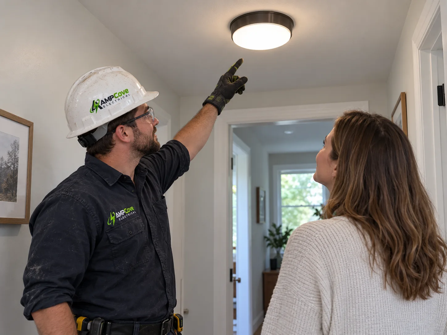 Person discussing a ceiling light fixture with a property owner