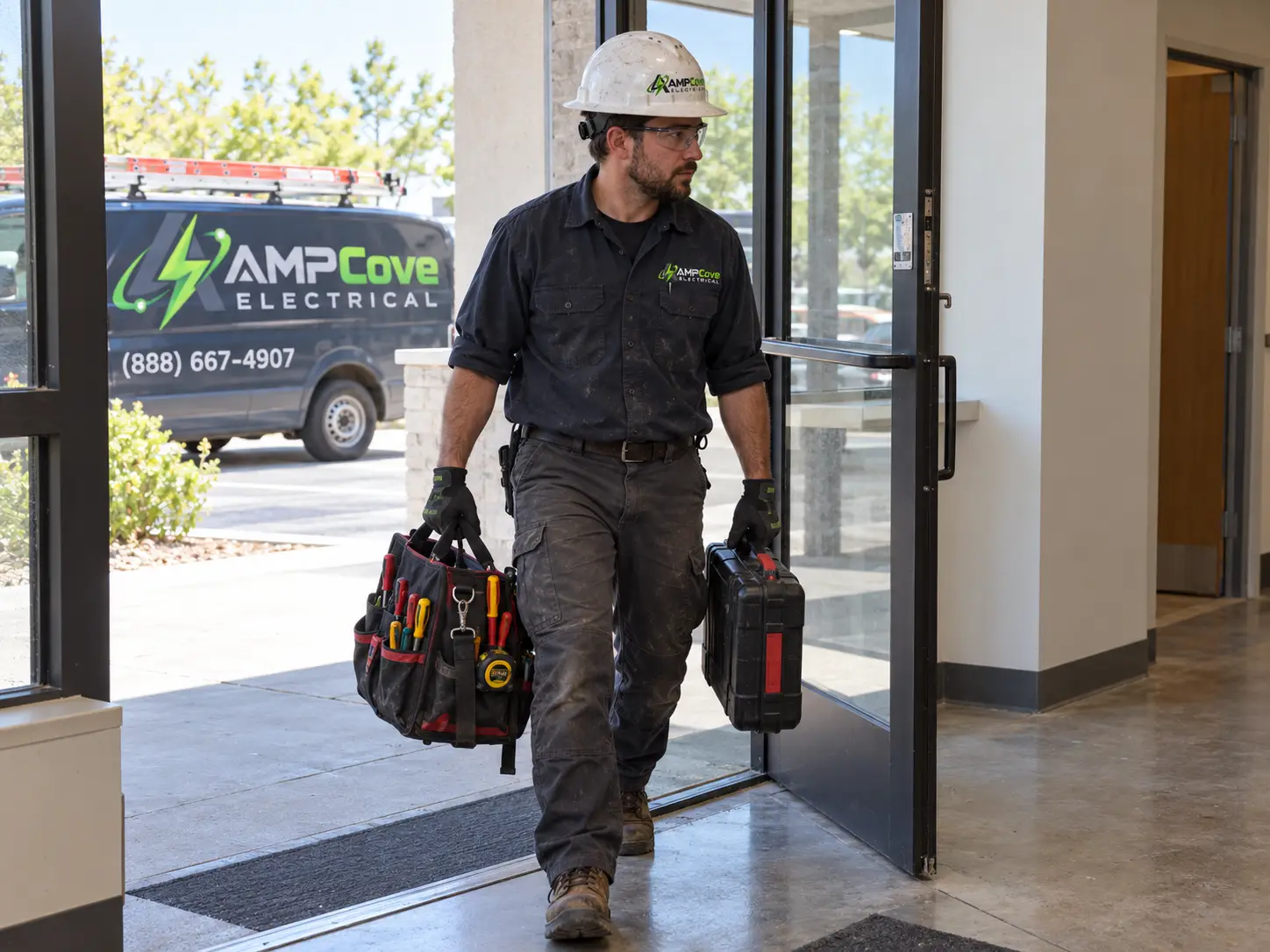 Person carrying tools into a commercial building