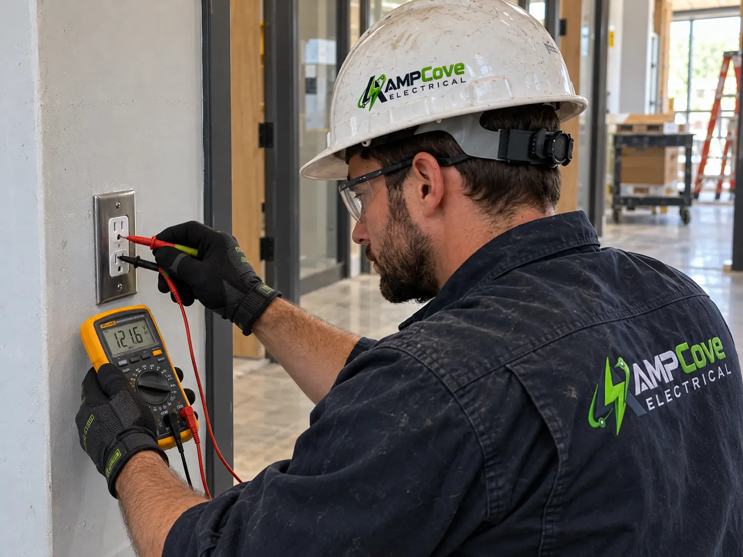 Electrician using a digital multimeter during an electrical diagnostic check