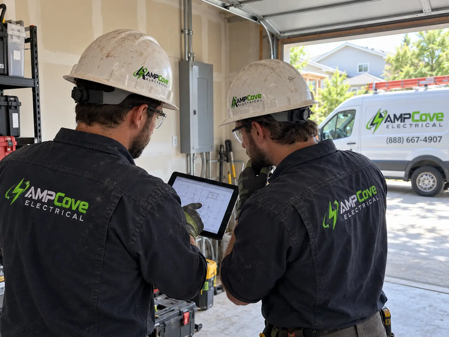 Two electrical workers reviewing an electrical service installation