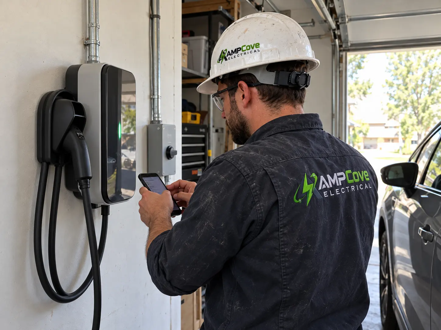 Electrician configuring a wall mounted EV charger