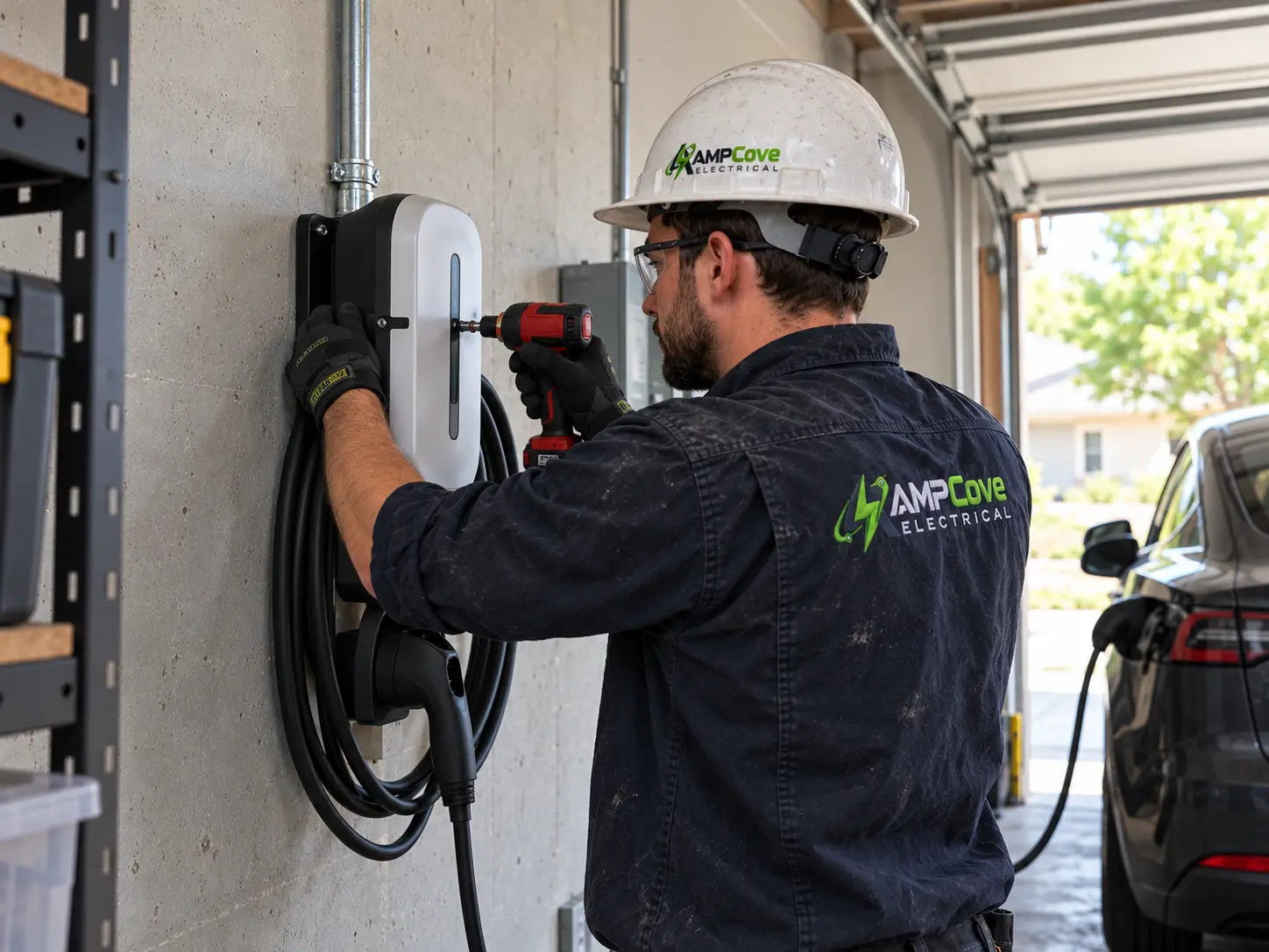 Electrician installing a wall mounted EV charger in a garage