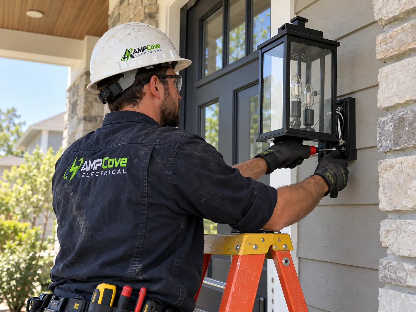 Worker installing an exterior light fixture on a home