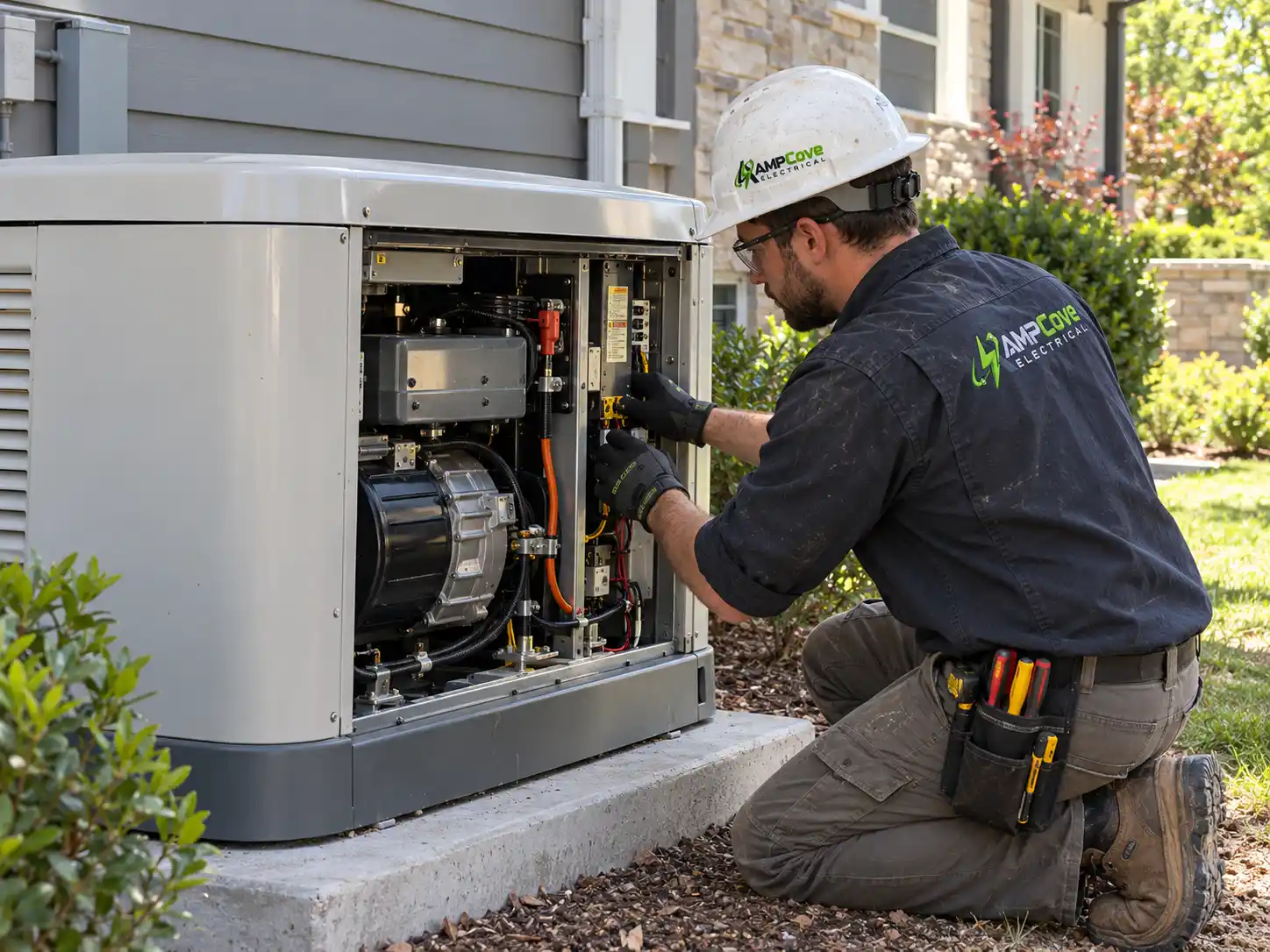 Person servicing exterior generator equipment