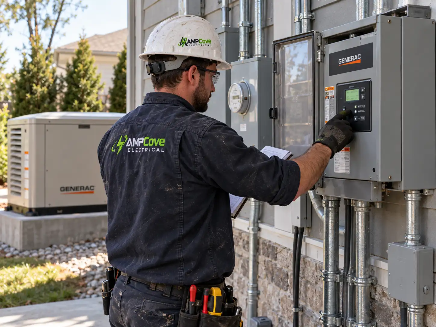 Person inspecting exterior electrical equipment beside an HVAC unit