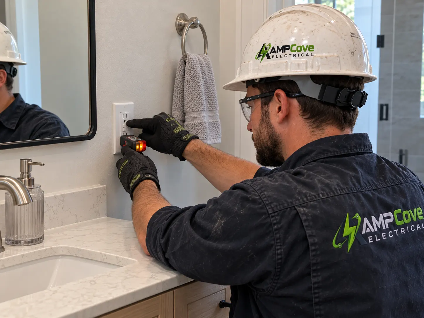 Electrician testing a bathroom wall receptacle