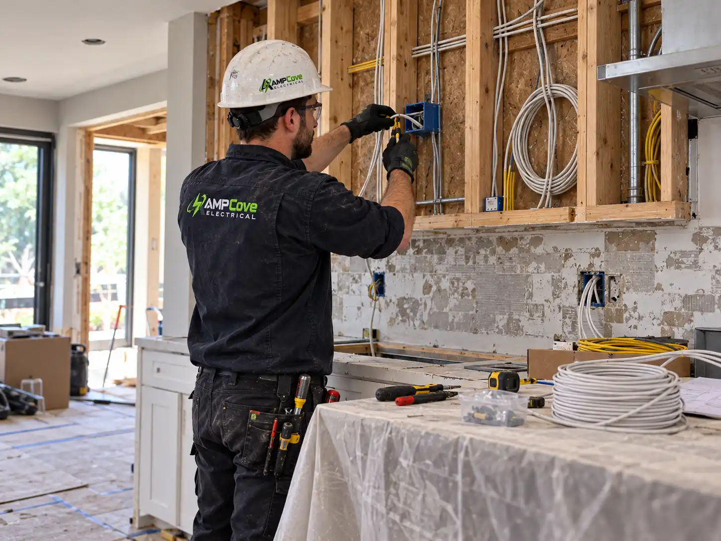 Electrician preparing wiring inside a kitchen renovation