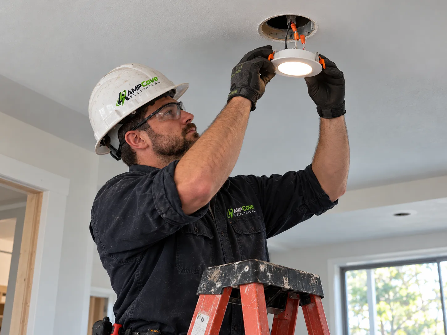 Electrician fitting a ceiling light fixture