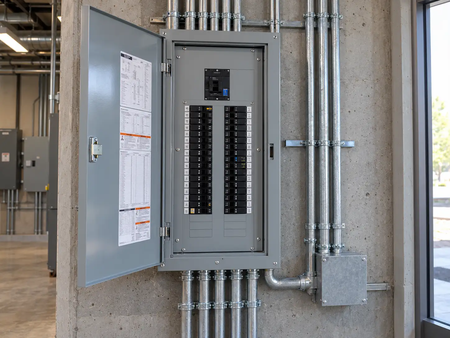 Breaker panel and metal electrical conduits on a utility wall