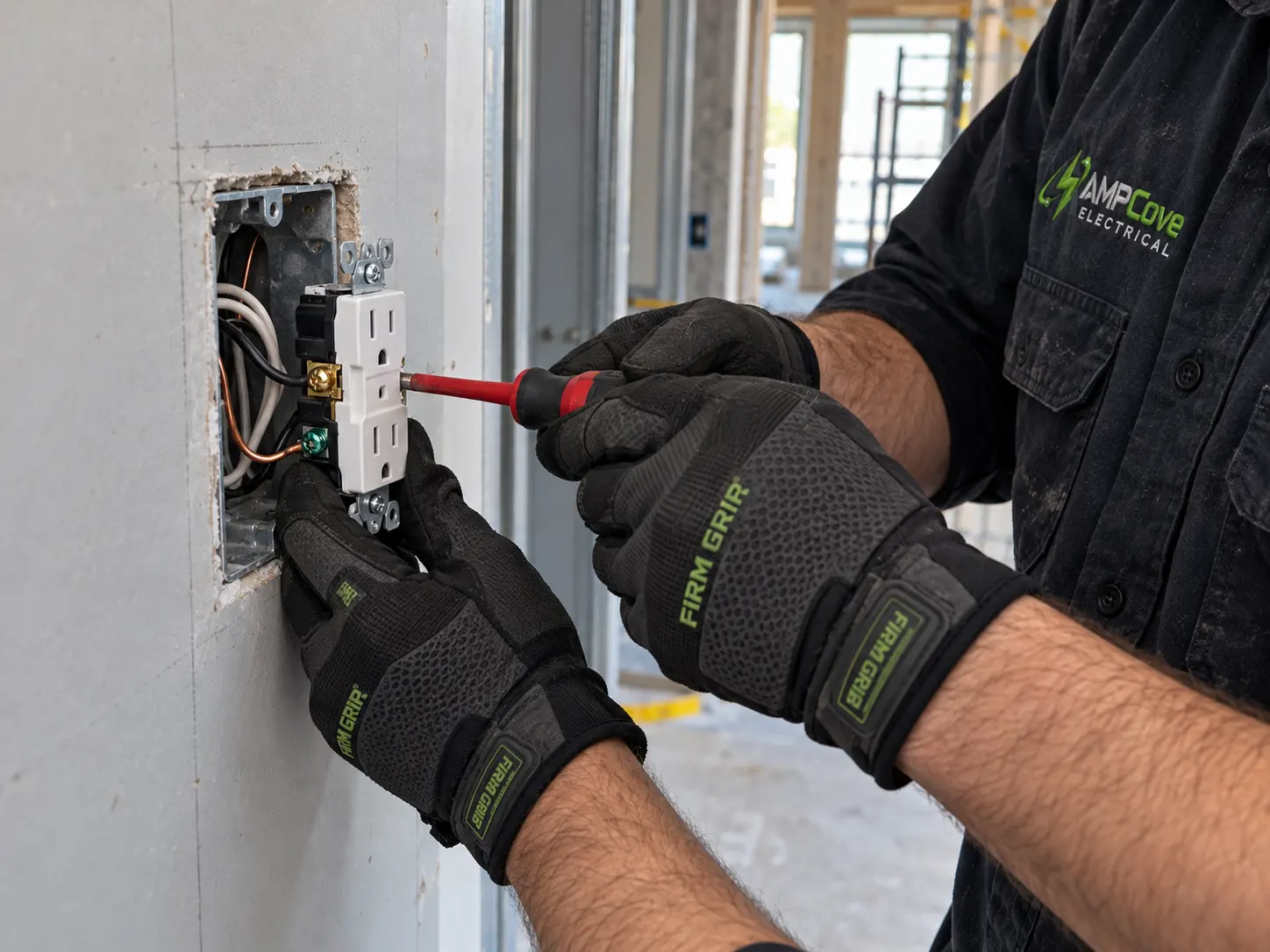 Gloved worker testing an electrical receptacle