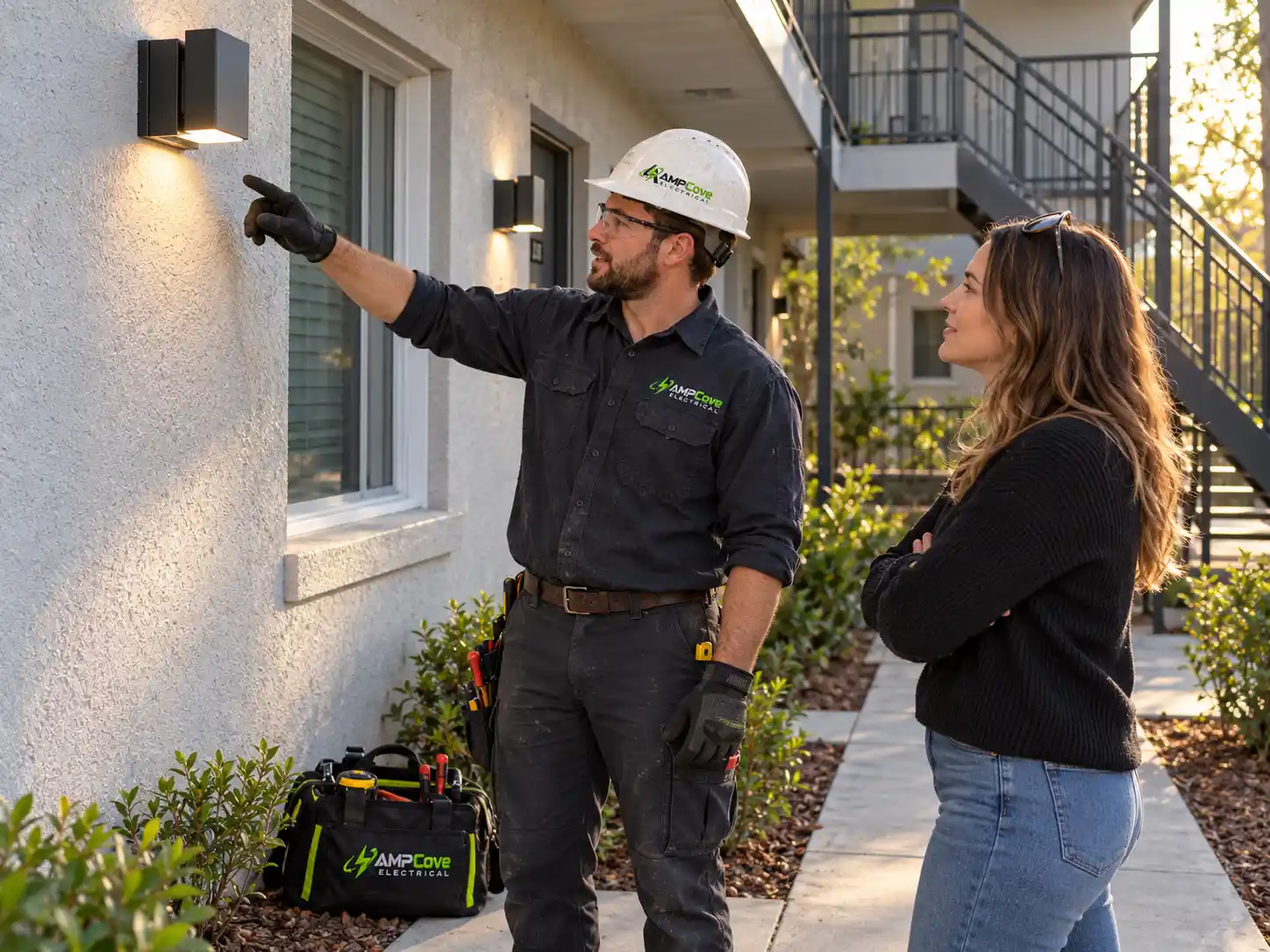 Person discussing exterior lighting with a property owner
