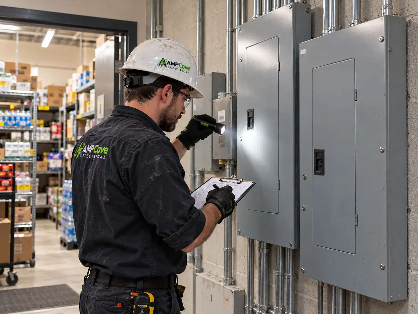 Person checking electrical distribution equipment in a retail setting