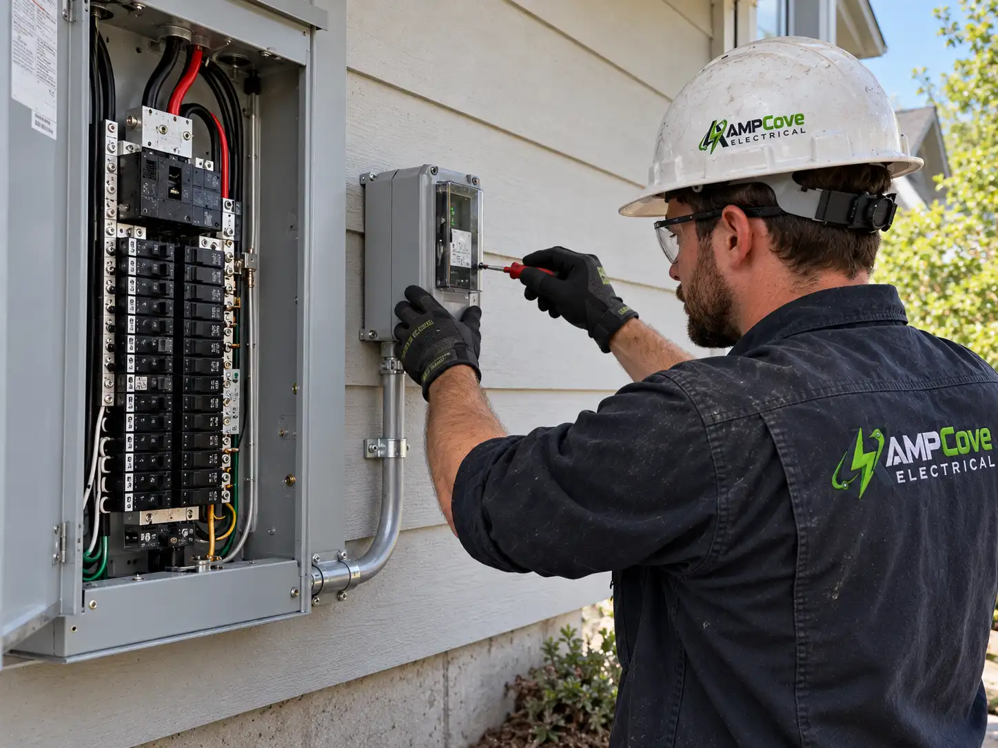 Electrician inspecting an open electrical panel outdoors