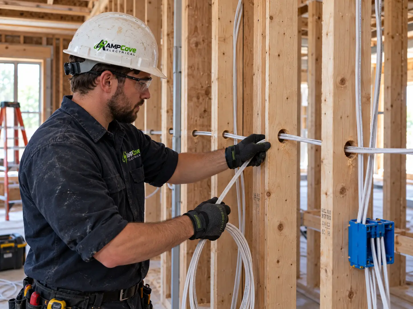 Person working with wiring in exposed wall framing